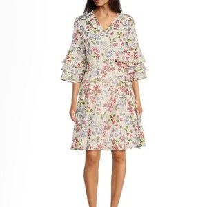 Calvin Klein White Pink Blue Bell Layered Sleeve Floral Pocket Cotton Wrap Dress